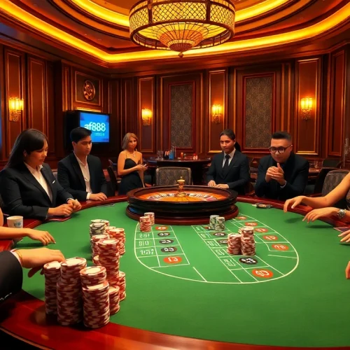 Experience the thrill of poker at af88.com with vibrant chips and an elegant casino ambiance.