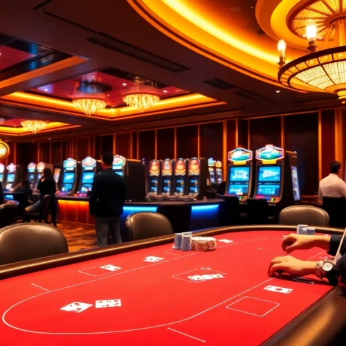 Luck8 casino players enjoy a thrilling poker game surrounded by vibrant casino elements.