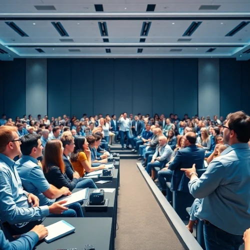 Engaging speakers at an AI and emerging technology conference captivating a diverse audience.