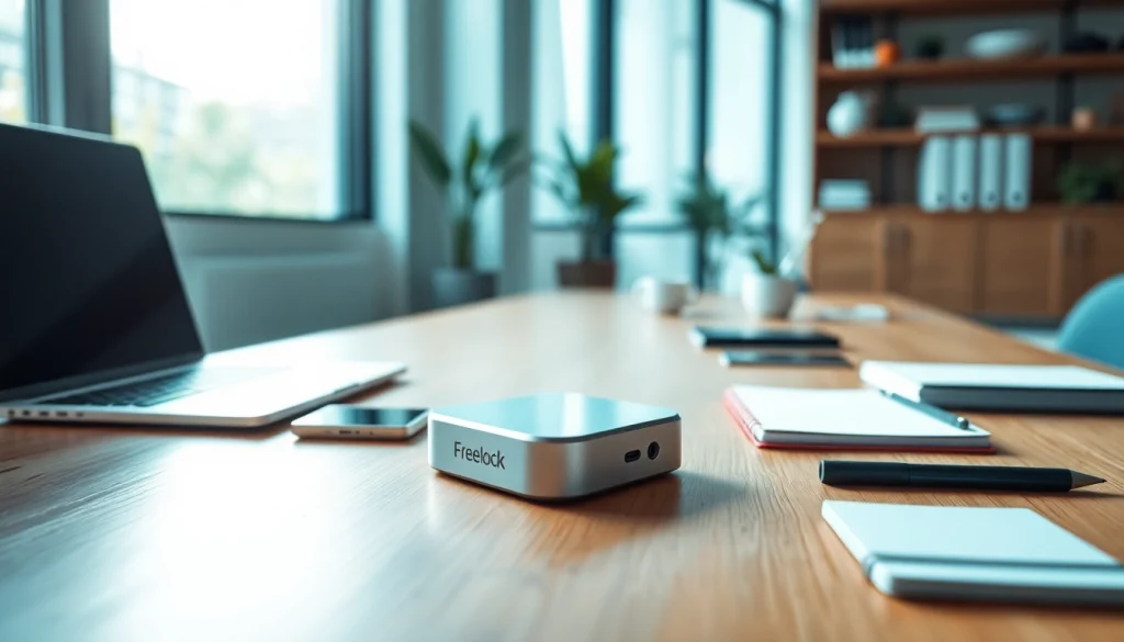 Freelock Produktpräsentation auf einem Schreibtisch mit modernen digitalen Geräten.