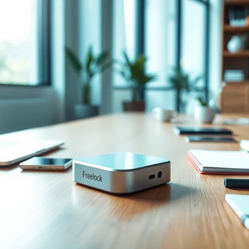 Freelock Produktpräsentation auf einem Schreibtisch mit modernen digitalen Geräten.