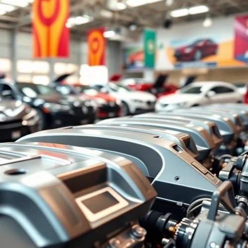 Showcase of used engines in a vibrant dealership, emphasizing quality and variety.