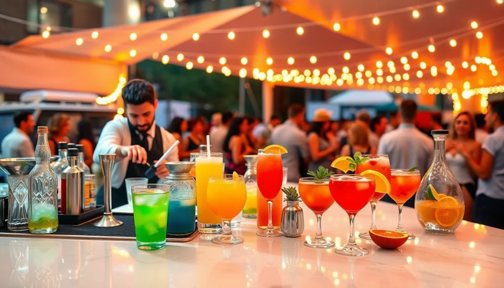 Engaging mobile bar service featuring colorful cocktails and a vibrant setup at an outdoor event.