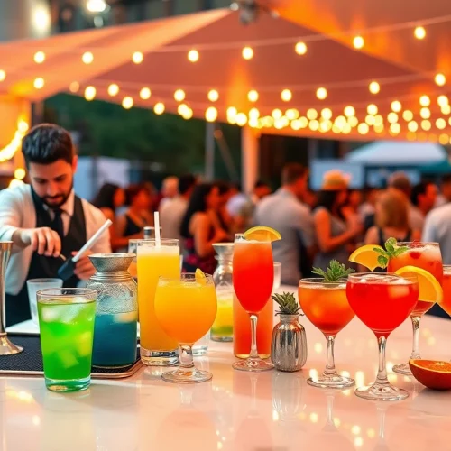 Engaging mobile bar service featuring colorful cocktails and a vibrant setup at an outdoor event.