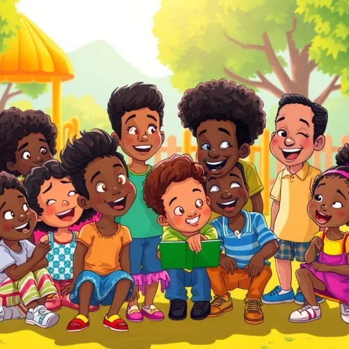 A group of children joyfully engaging with characters from African American Cartoons, representing diversity and fun in a colorful playground.