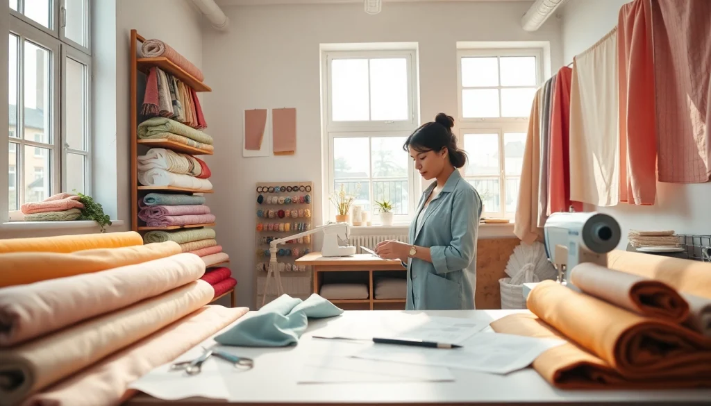 Bekijk katoen stof per meter op een professionele werkplek vol inspiratie.