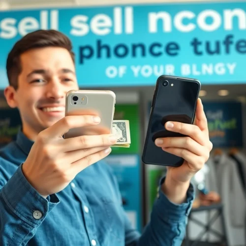 Sell phone today cash with a satisfied customer exchanging their smartphone for cash at a kiosk.