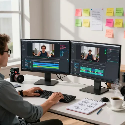 Profession converting video to prompt ai with dual monitors, creative workspace atmosphere.