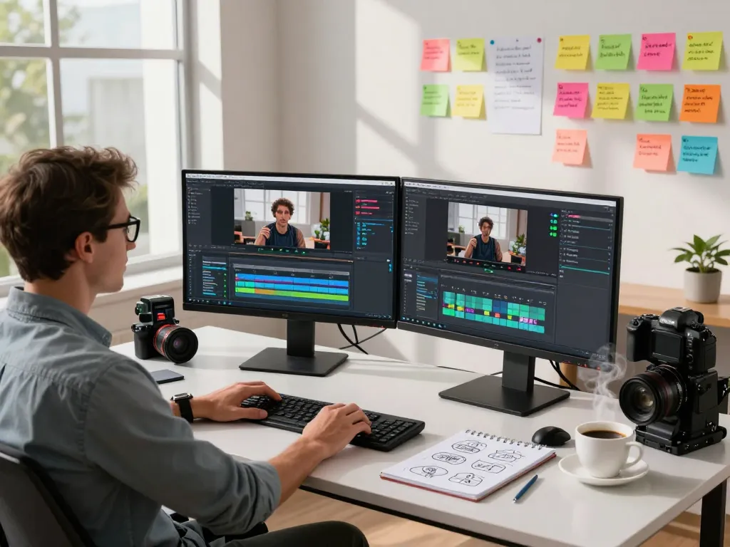 Profession converting video to prompt ai with dual monitors, creative workspace atmosphere.