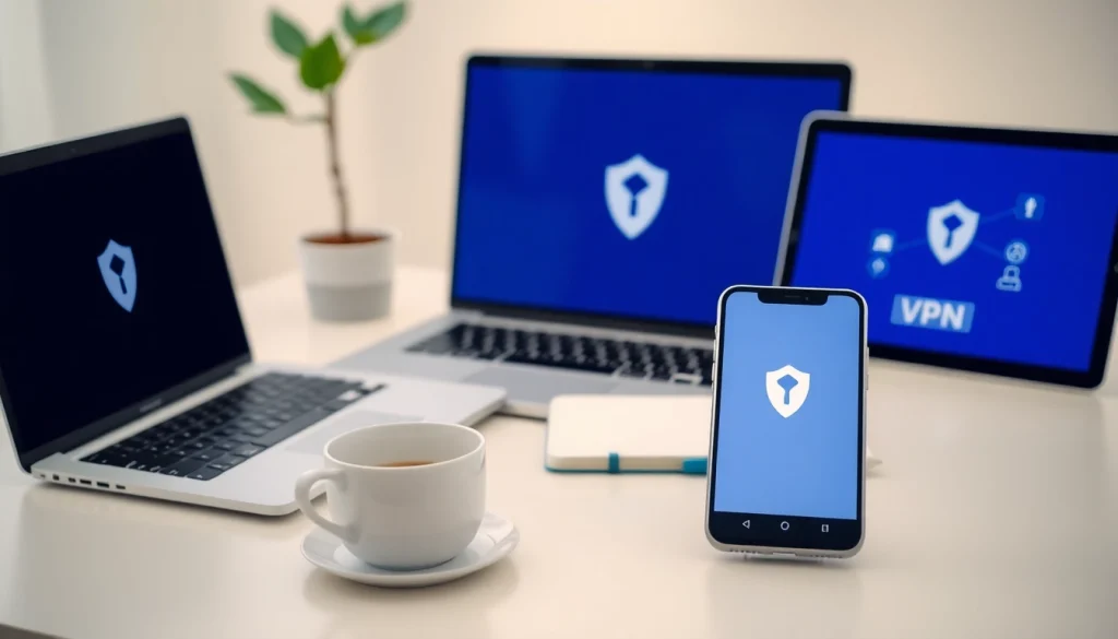 高效工作区，展示在笔记本、平板和智能手机上的快连 VPN 应用，突出安全性与连接性。