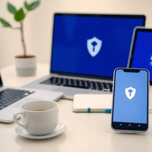 高效工作区，展示在笔记本、平板和智能手机上的快连 VPN 应用，突出安全性与连接性。