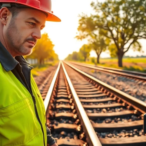 Railroad Maintenance Services technician closely examining railway tracks for safety.