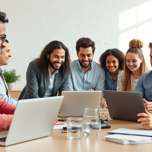Social media agency professionals brainstorming innovative strategies in a modern office.