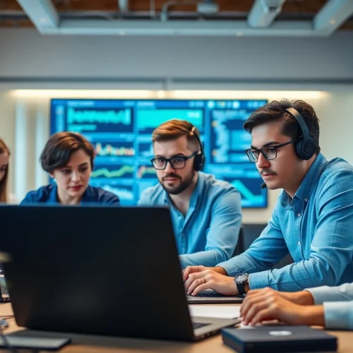 Engaging IT support services team collaborating in a modern office, showcasing professionalism.