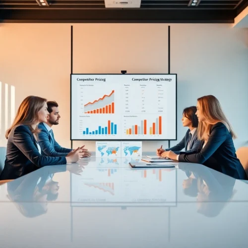 Analyze competitor pricing strategies in a modern business setting with diverse professionals collaborating.