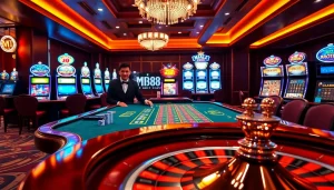 Experience the vibrant atmosphere of MM88 with thrilling gambling opportunities at a luxurious casino table.