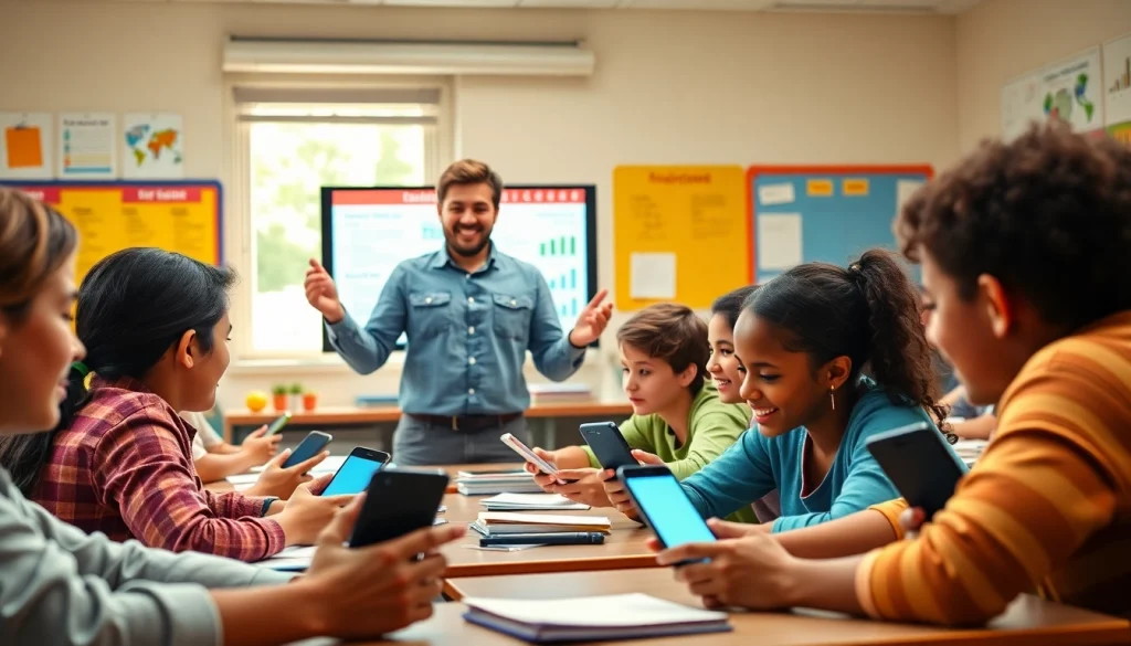 Students using smartphone solution in school life for interactive learning in a modern classroom.