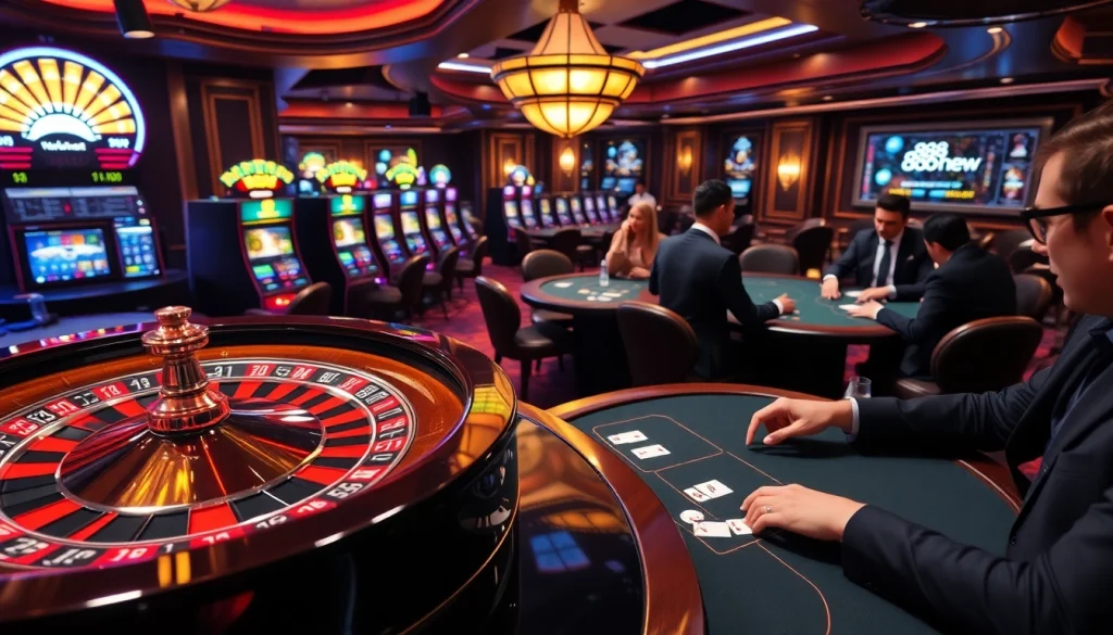 Exciting gambling scene featuring 888 new games with roulette and slot machines lighting up.