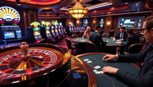 Exciting gambling scene featuring 888 new games with roulette and slot machines lighting up.