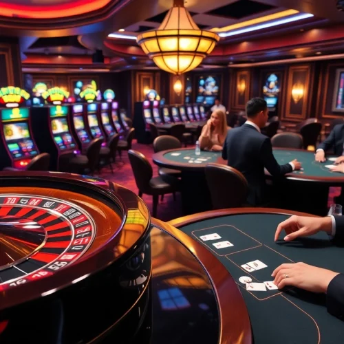 Exciting gambling scene featuring 888 new games with roulette and slot machines lighting up.