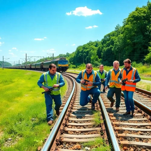 Technicians performing Railroa Maintenance Services while inspecting train tracks outdoors.