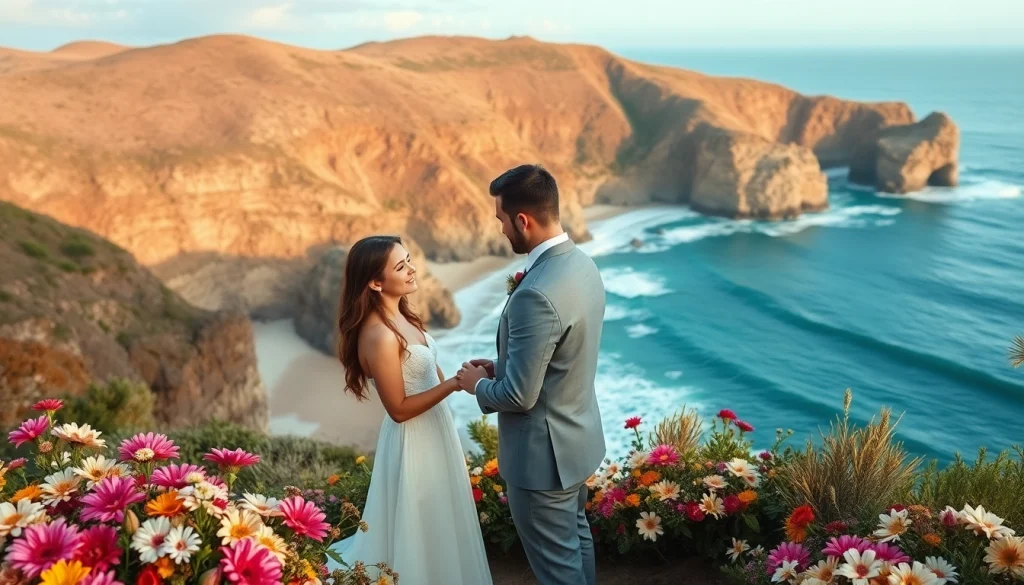 Big Sur wedding photographer captures a couple exchanging vows with a stunning coastal backdrop.