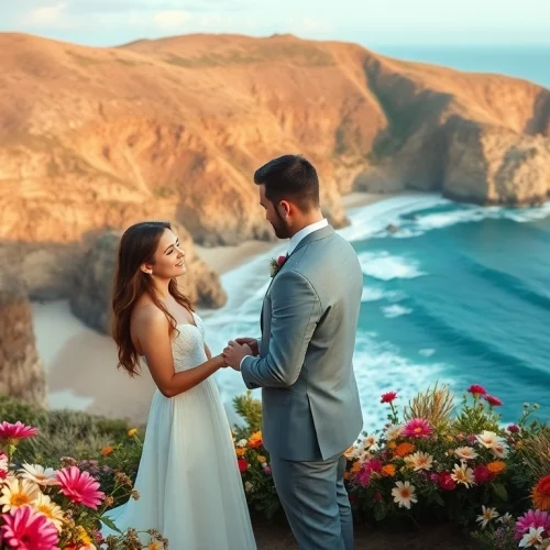 Big Sur wedding photographer captures a couple exchanging vows with a stunning coastal backdrop.