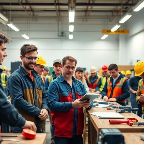 Individuals participating in skilled trades training, engaged in hands-on tasks in a workshop.