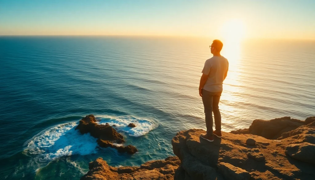 Life in a Break Down moments captured with a figure in contemplation at sunrise by the ocean.