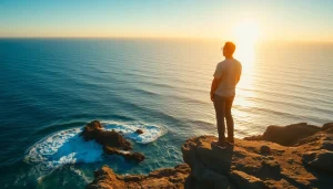 Life in a Break Down moments captured with a figure in contemplation at sunrise by the ocean.