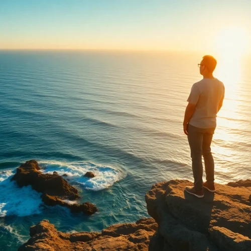 Life in a Break Down moments captured with a figure in contemplation at sunrise by the ocean.