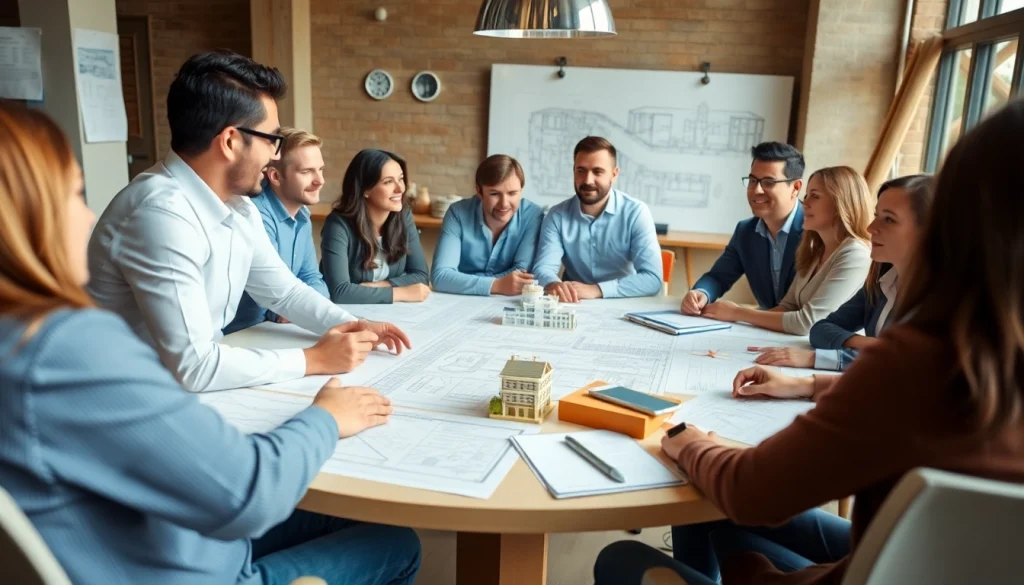 Members of a construction association collaborating on blueprints during a meeting.