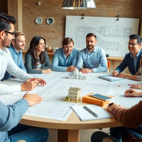 Members of a construction association collaborating on blueprints during a meeting.