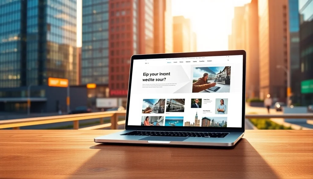 Showcasing brochure website design essex in a vibrant urban setting with sleek laptop.