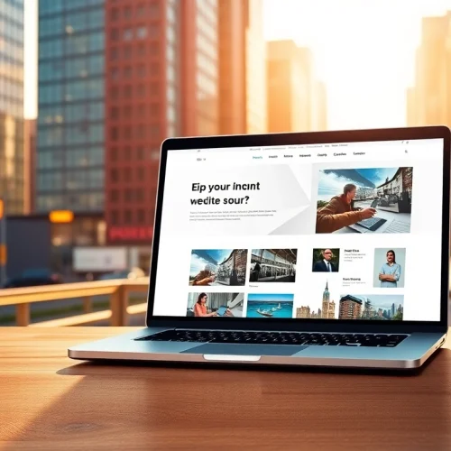 Showcasing brochure website design essex in a vibrant urban setting with sleek laptop.
