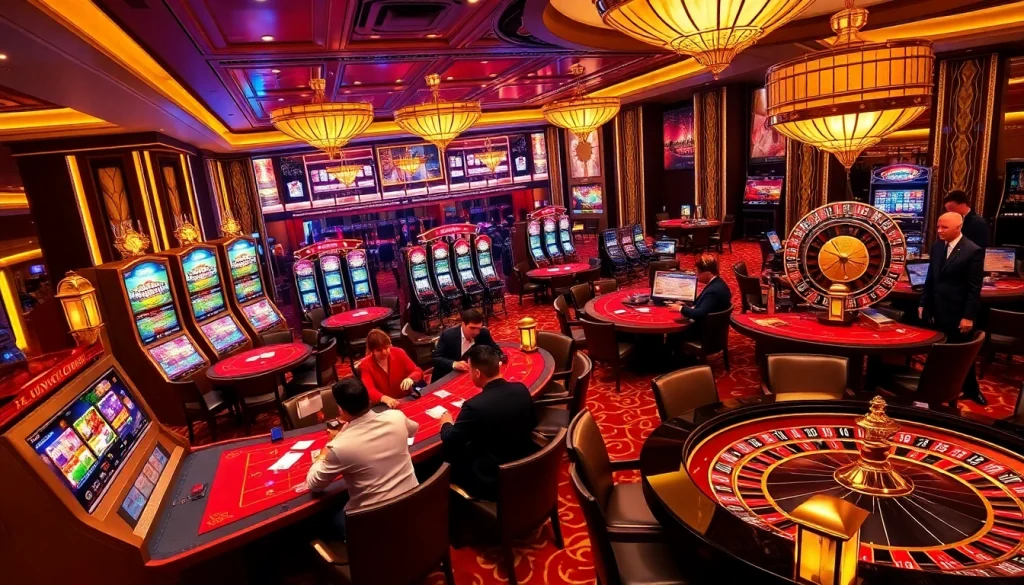 Players enjoying strategic gameplay at LC88 casino tables with vibrant slot machines.