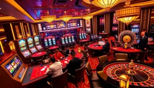 Players enjoying strategic gameplay at LC88 casino tables with vibrant slot machines.