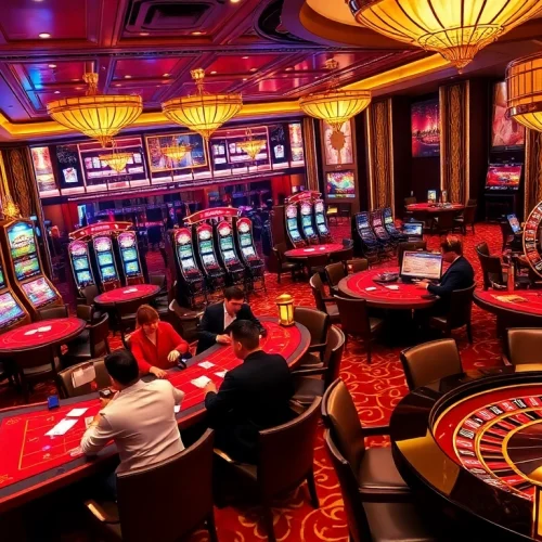 Players enjoying strategic gameplay at LC88 casino tables with vibrant slot machines.