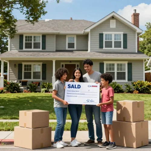 Sell my house fast for cash with a happy family standing outside their home holding an offer envelope amidst a sunny neighborhood.