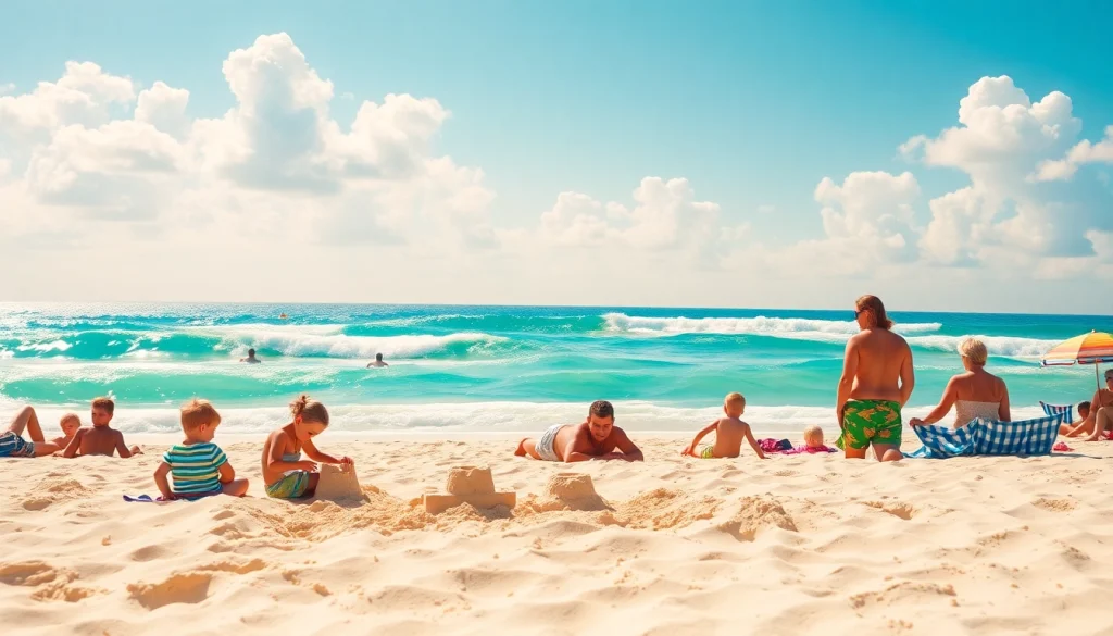 Experience a sunny day at https://myrtlebeachsc.com/ with families enjoying the beach and ocean waves.