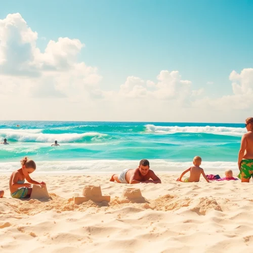 Experience a sunny day at https://myrtlebeachsc.com/ with families enjoying the beach and ocean waves.