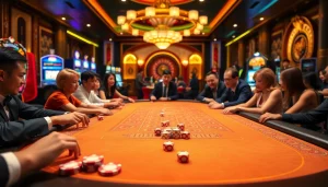 Engaged players at Tài Xỉu MD5 APK table surrounded by vibrant casino elements.