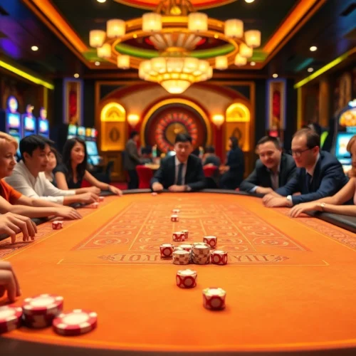 Engaged players at Tài Xỉu MD5 APK table surrounded by vibrant casino elements.