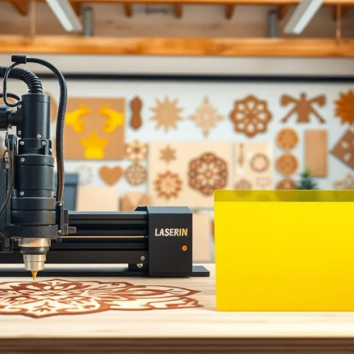 Showcasing innovative laser cutting designs for wood and acrylic in a vibrant workshop.