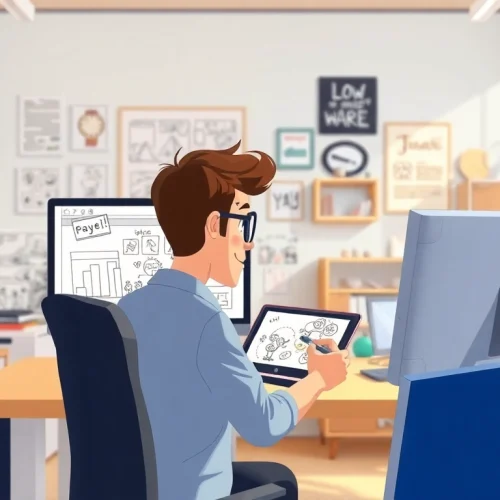 Erklärvideo im kreativen Prozess der Erstellung mit einem Designer an einem Computer.