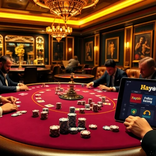 Experience thrilling gameplay at Hay88's luxurious casino poker table with vibrant chips and cards.