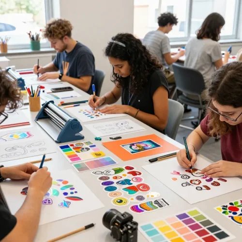 Creative artists designing custom stickers in a bright workshop.