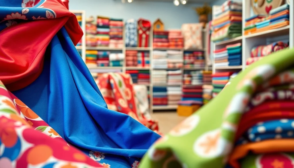 Bedrukte stoffen kopen in een kleurrijke winkelsetting met uitnodigende stoffen.