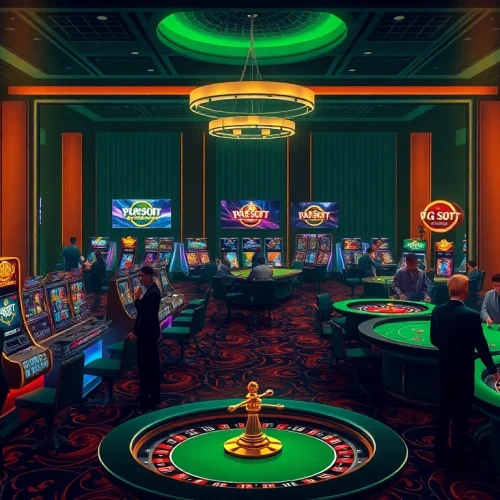 Experience the thrill of PG Soft gaming with vibrant slots and interactive tables in a luxurious casino.
