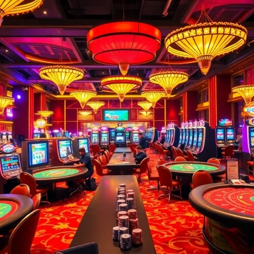 KJC branded casino scene showcasing exciting gaming options and vibrant atmosphere for gamblers.